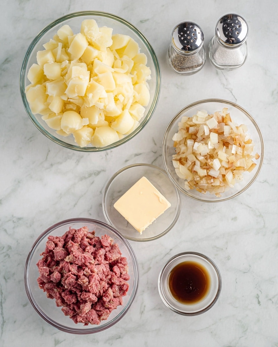 The image shows five clear glass bowls and two glass salt and pepper shakers on a white marbled surface. One large bowl is filled with small, pale yellow diced potatoes. Another smaller bowl holds light brown, cooked chopped onions with some browned bits. A medium bowl contains finely chopped pink corned beef. A small bowl has a rectangle of pale yellow butter. Another tiny bowl features a dark brown liquid, likely sauce or seasoning. The two salt and pepper shakers are placed next to each other with silver tops. Photo taken with an iphone --ar 4:5 --v 7