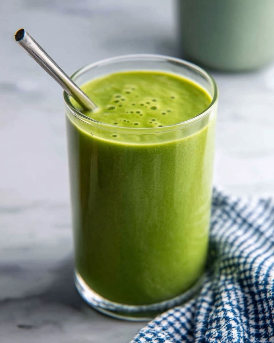 A tall clear glass filled with a thick, smooth green smoothie showing tiny bubbles on the surface. A silver spoon is placed inside the glass, leaning against the rim. The glass rests on a white marbled surface next to a blue and white checkered cloth. In the background, there is a blurred-out green object, likely a cup or jar. Photo taken with an iphone --ar 4:5 --v 7