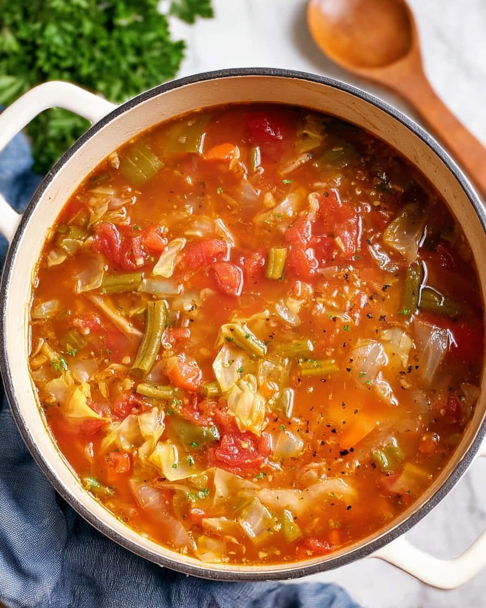 A white bowl filled with vegetable soup showing layers of light green cabbage pieces, bright green beans, small diced orange carrots, pale celery chunks, and red tomato bits in a clear reddish broth with visible black pepper. The bowl is placed on a white marbled surface, next to three shiny tomatoes on the vine on the left and two silver spoons resting on a blue cloth on the right, with some green herbs in the top right corner. Photo taken with an iphone --ar 4:5 --v 7