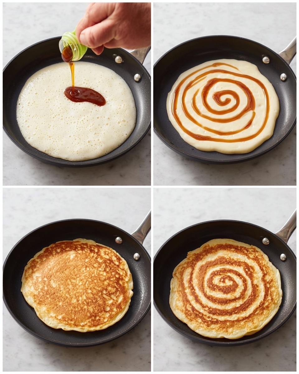 The image shows four steps of making a pancake with syrup swirl on a black pan with a white marbled texture background. The first panel shows a woman's hand squeezing brown syrup in a spiral shape on the top of wet, creamy white pancake batter that has small bubbles. The second panel focuses on the uncooked pancake batter with a neat syrup spiral on top, still white and full of bubbles. The third panel shows the pancake flipped, cooked to a golden brown color on one side with a smooth texture. The last panel shows the cooked pancake with the syrup spiral marked on the golden brown surface, slightly darker where the syrup touched. photo taken with an iphone --ar 4:5 --v 7