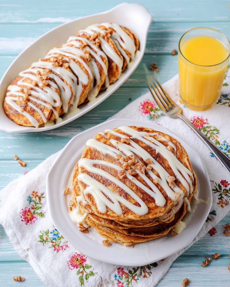 A stack of five golden-brown pancakes sits on a white plate, drizzled generously with white icing that flows softly over the edges, topped with small pieces of chopped nuts scattered across the top. Nearby, there is a white dish holding more pancakes, slightly folded with the same white icing and nut pieces visible. To the right, a glass of yellow juice rests on a white cloth with colorful embroidered flowers on a white marbled textured surface. A silver fork and knife are placed beside the plate. photo taken with an iphone --ar 4:5 --v 7