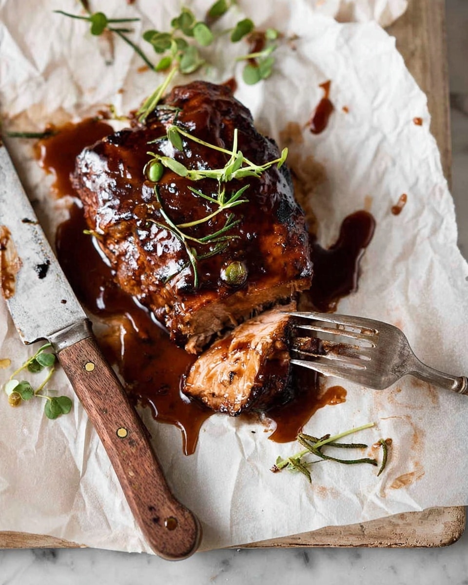 A single thick piece of grilled meat glazed with a shiny dark brown sauce sits on white parchment paper on a white marbled surface, with some fresh green herb sprigs on top and scattered around. One piece of the meat is held by a silver fork, showing a juicy light brown inside. A knife with a worn wooden handle rests beside the meat, all on slightly stained parchment paper. The overall look is rustic and rich in color with sauce drips on the paper. Photo taken with an iphone --ar 4:5 --v 7