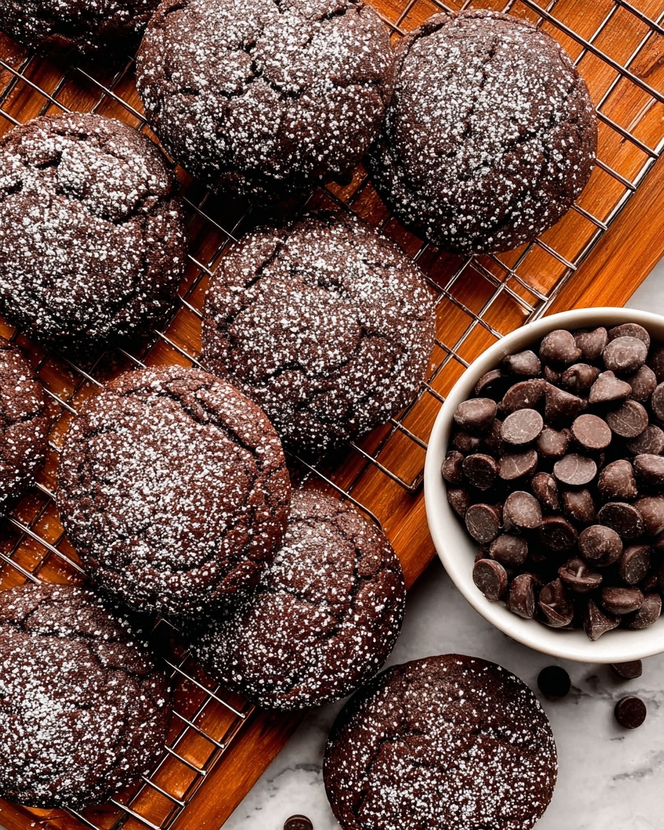 The image shows several round dark chocolate cookies arranged closely on a wooden cooling rack with a grid pattern, each cookie dusted with a light coating of powdered sugar creating a speckled effect on the rough-textured surface. To the right side of the cookies, a white bowl is filled with shiny dark chocolate chips, the chips smooth and round, slightly piled up inside the bowl. The wooden texture of the rack contrasts with the rich brown of the cookies and the dark chocolate chips, all placed on a white marbled surface. photo taken with an iphone --ar 4:5 --v 7