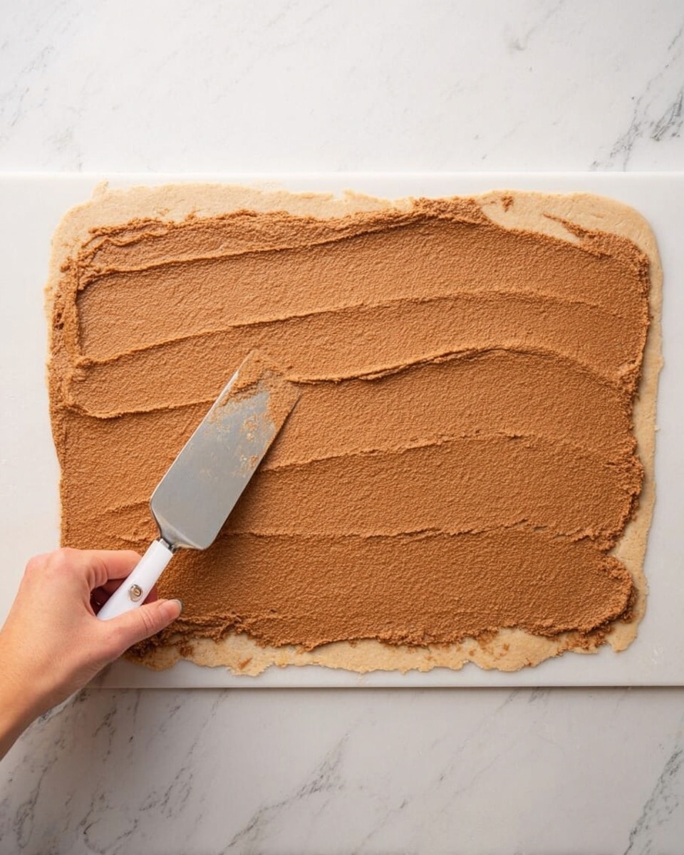 A large, rectangular piece of dough is spread out flat on a white marbled surface. A woman's hand is holding a flat spatula, spreading a thick, smooth layer of brown cinnamon filling evenly over the entire surface of the dough. The dough is light beige, slightly uneven around the edges, and the cinnamon layer covers most of the dough except for some small gaps near the edges. The spatula has a shiny metal blade with a white handle. photo taken with an iphone --ar 4:5 --v 7