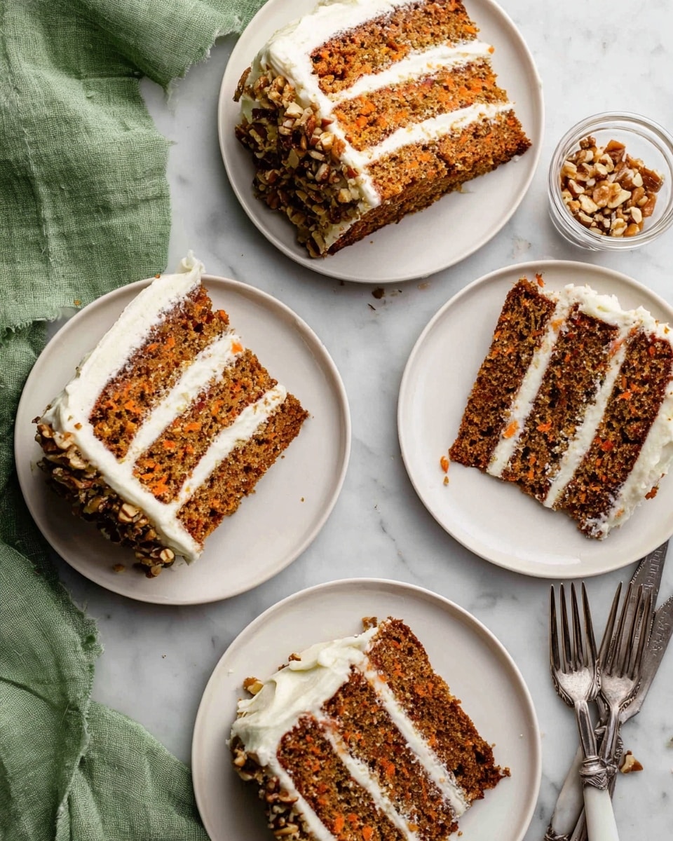 Four slices of three-layer carrot cake are placed on white plates over a white marbled surface. Each slice shows three layers of moist brown cake with visible small orange carrot pieces and bits of nuts. Between each cake layer is a thick spread of smooth, white cream cheese frosting, also covering the outside edges. The sides of the slices have chopped nuts pressed into the frosting, giving a rough texture. A small glass bowl filled with chopped nuts sits nearby, next to a green cloth. Four forks with white handles rest together near one plate. Photo taken with an iphone --ar 4:5 --v 7