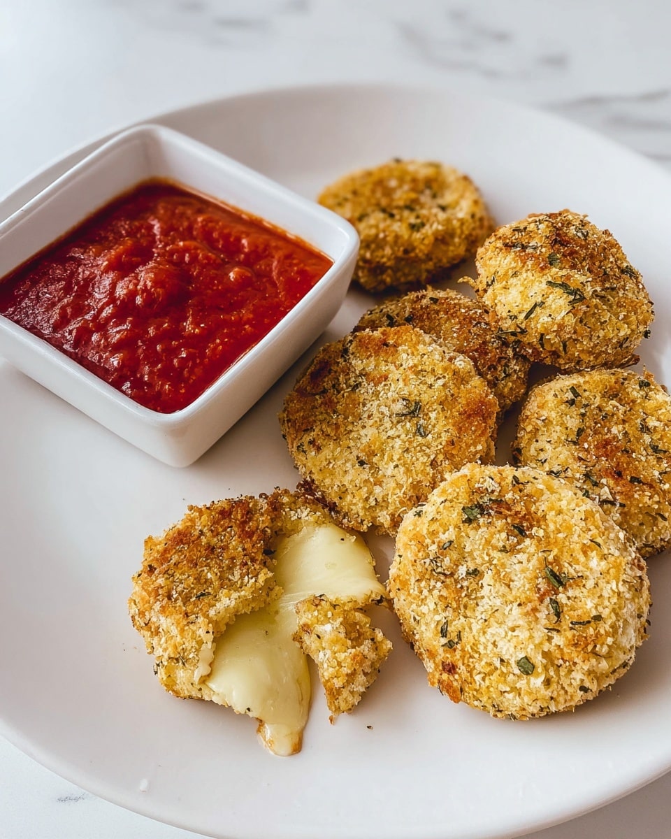The image shows a white round plate with six golden-brown breaded round pieces arranged loosely on the right side, with a melted cheese piece breaking slightly apart on the left. Next to these pieces is a small white square dish filled with thick red tomato sauce, placed at the top left of the plate. The breaded pieces have a rough, crunchy texture with small green herb specks visible, and some melted cheese is slightly oozing out from the broken piece. The whole setup is on a white marbled surface. Photo taken with an iphone --ar 4:5 --v 7