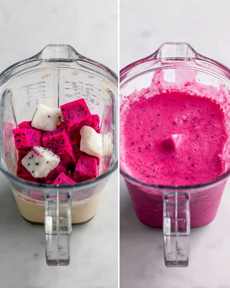 The image shows two glass blender jars side by side on a white marbled surface. The left jar has several bright pink and red cubes of dragon fruit, a few white pieces that look like yogurt or cream, and a splash of light beige liquid at the bottom. The right jar shows the result after blending, a smooth, thick, bright pink smoothie with tiny black specks evenly spread throughout. Both jars have clear glass sides with visible measurements and a handle. photo taken with an iphone --ar 4:5 --v 7