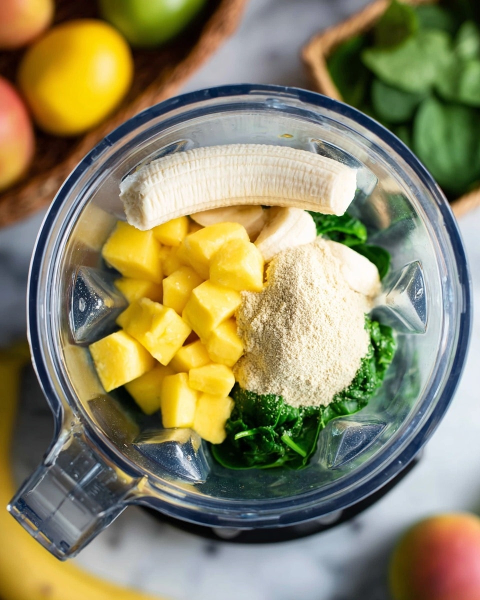 Inside a clear blender jar, there are three main layers: the bottom layer is dark green spinach leaves with a fresh texture, the middle layer consists of bright yellow diced mango pieces showing a soft texture, and the top layer includes a creamy beige powder scattered mostly on the mango and spinach, along with a whole peeled banana resting on top, showing a smooth white surface. The blender is placed on a white marbled surface with some blurred basket fruits and green leafy vegetables around it. Photo taken with an iphone --ar 4:5 --v 7