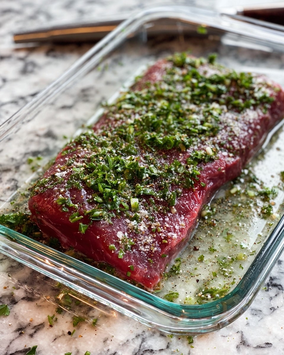 A rectangular piece of raw red meat lies flat in a clear glass baking dish on a white marbled surface. The meat is topped with a layer of chopped green herbs and bits of minced garlic, sprinkled evenly with coarse white salt and black pepper. Around the meat, small scattered pieces of herbs and seasoning are visible. The glass dish is placed diagonally in the frame, and the background shows a blurred kitchen tool. Photo taken with an iphone --ar 4:5 --v 7