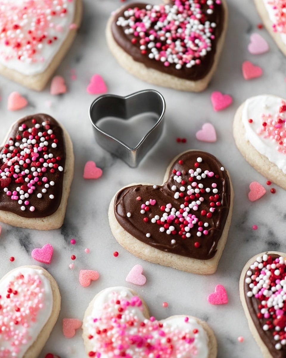 The image shows several heart-shaped cookies arranged on a white marbled surface with a silver heart-shaped cookie cutter in the center. The cookies have two main types of frosting layers: one with a smooth dark brown chocolate layer topped with small round sprinkles in pink, red, and white, and another with a white frosting layer also decorated with pink and red sprinkles or tiny heart-shaped sprinkles. The cookies have a light beige base layer that looks soft and crumbly. Scattered around the cookies are small pink and white heart-shaped candy pieces. photo taken with an iphone --ar 4:5 --v 7