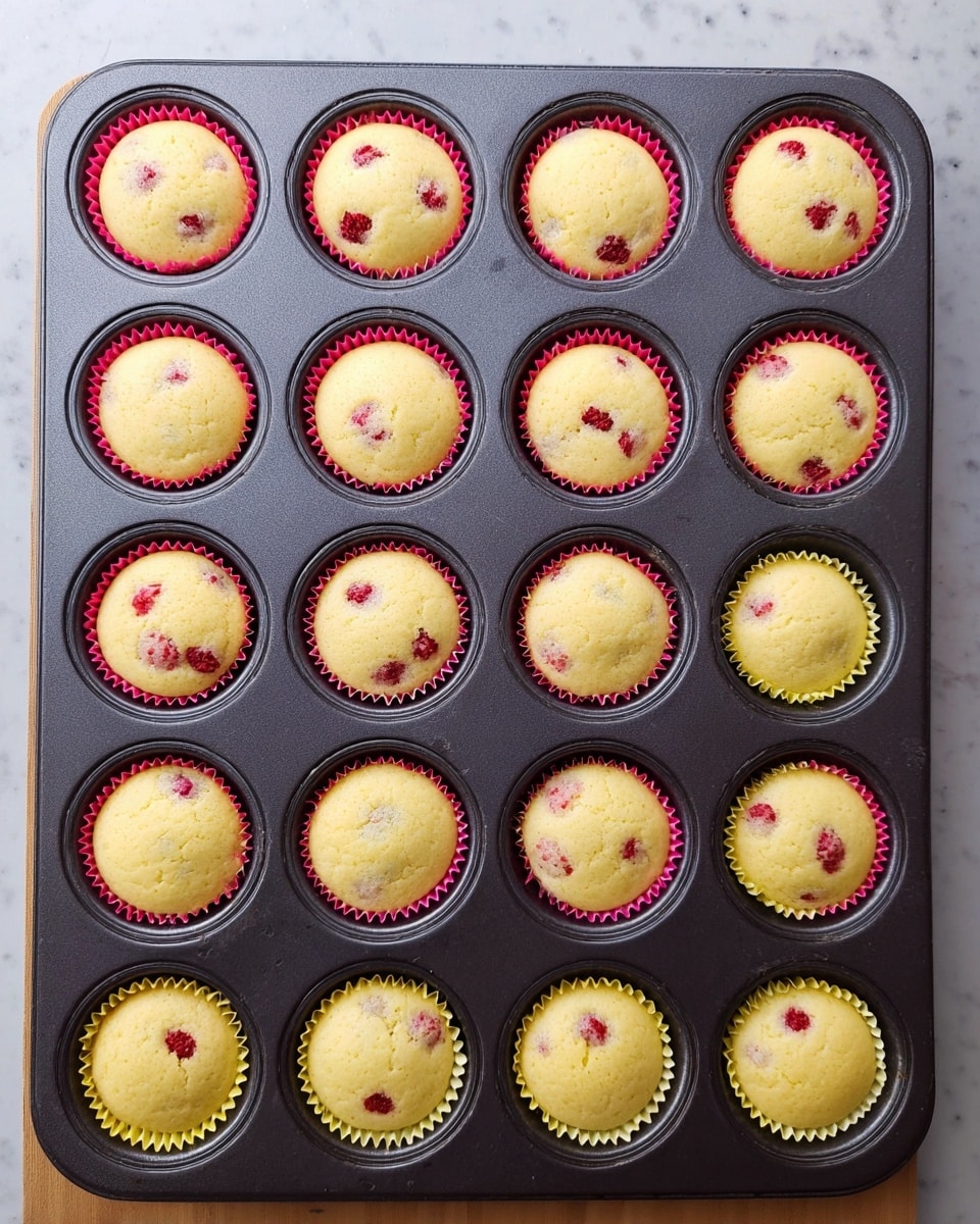 A large dark gray muffin tray filled with five rows of eight small, round muffins each. The muffins are pale yellow with small bits of red fruit, possibly strawberries, spread unevenly inside. They are in alternating pink and yellow cupcake liners, creating a pattern in the tray. The tray is placed on a white marbled surface with a bit of wooden edge visible at the top. The muffins have smooth tops and appear freshly baked. photo taken with an iphone --ar 4:5 --v 7