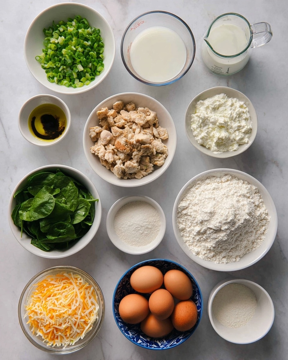 The image shows a top view of eleven white bowls and glass containers arranged on a white marbled surface, each holding different ingredients. Starting from the top left corner and moving clockwise, there is a small white bowl with chopped green onions, a glass measuring cup with milk, a white bowl with cooked chopped chicken pieces, a small white bowl with a dark sauce, a small glass container with olive oil, a white bowl with fresh green spinach leaves, a small white bowl with white powder (possibly baking powder), a large white bowl filled with white flour, a small glass bowl of shredded yellow and white cheese, a blue patterned bowl holding four brown eggs, and a white bowl with white cottage cheese in the center. The scene is well-lit and focuses on the colors and textures of the ingredients. photo taken with an iphone --ar 4:5 --v 7