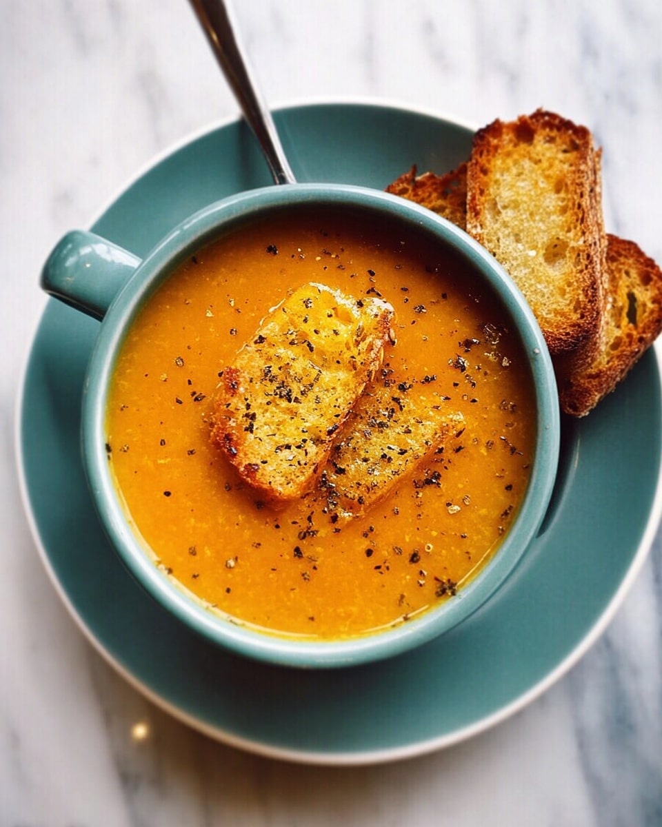 A teal cup filled with thick orange soup topped with two pieces of golden toasted bread and sprinkled with black pepper, sitting on a white plate on top of a white marbled surface, viewed from above. photo taken with an iphone --ar 4:5 --v 7