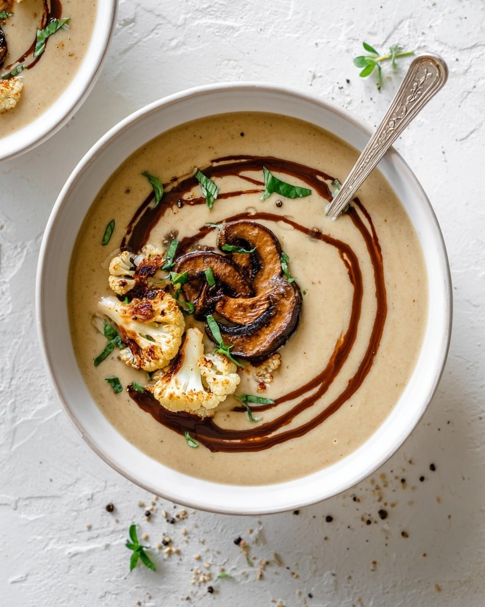 A white bowl filled with light beige creamy soup, topped with two dark brown sautéed mushroom slices and small pieces of golden roasted cauliflower. Swirls of dark brown sauce create a circular pattern on the surface of the soup. Tiny green leaves are scattered on top. The bowl rests on a white speckled plate, all placed on a white marbled surface with a silver spoon inside the bowl. A second similar bowl is partially visible in the background. Photo taken with an iphone --ar 4:5 --v 7