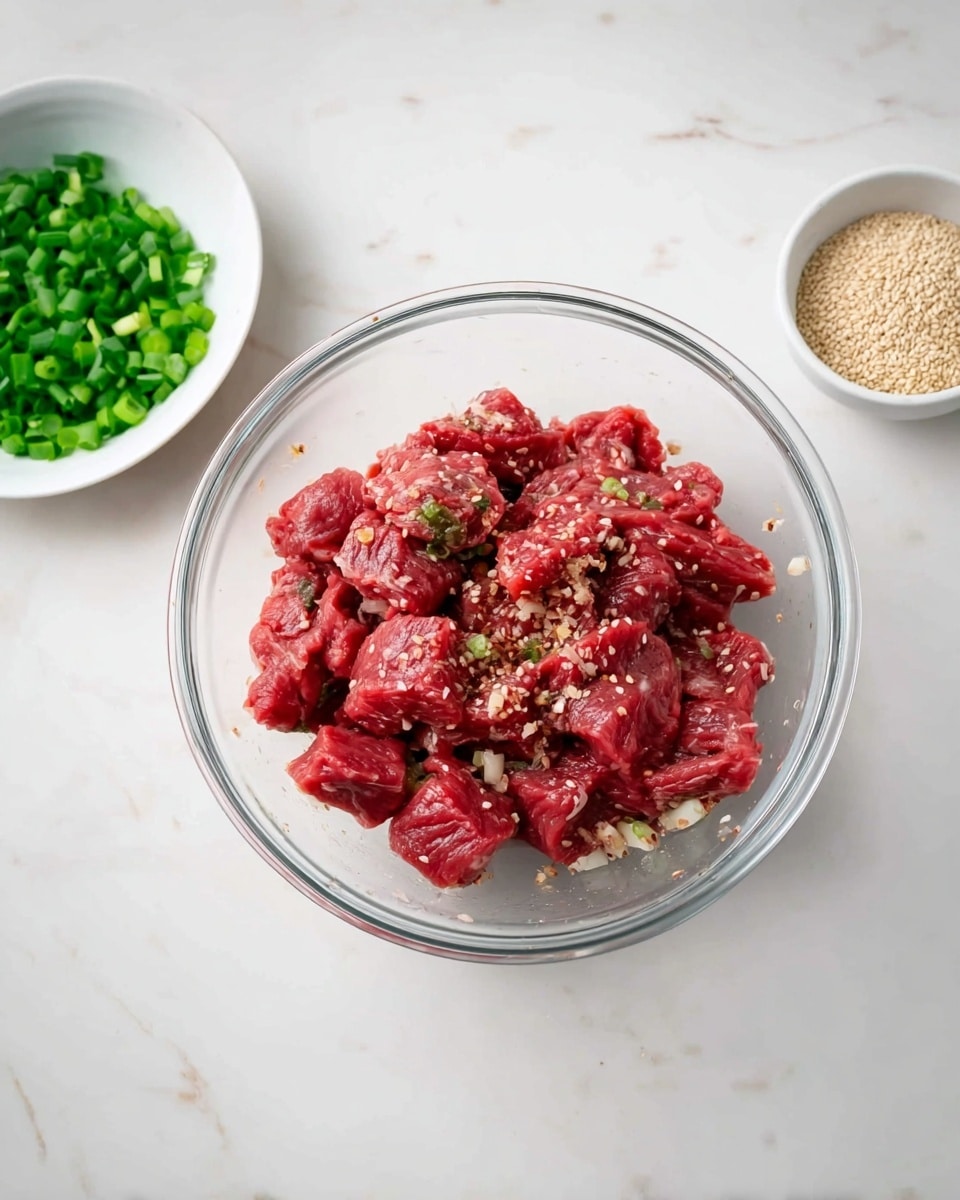 A clear glass bowl sits in the center on a white marbled surface, filled with red raw meat pieces mixed with small bits of white and brown seasonings. To the left of the bowl, there is a small white bowl filled with chopped green onions, and to the right, a small white dish holds beige sesame seeds. The scene is bright and clean, showing freshness and simple ingredients. photo taken with an iphone --ar 4:5 --v 7