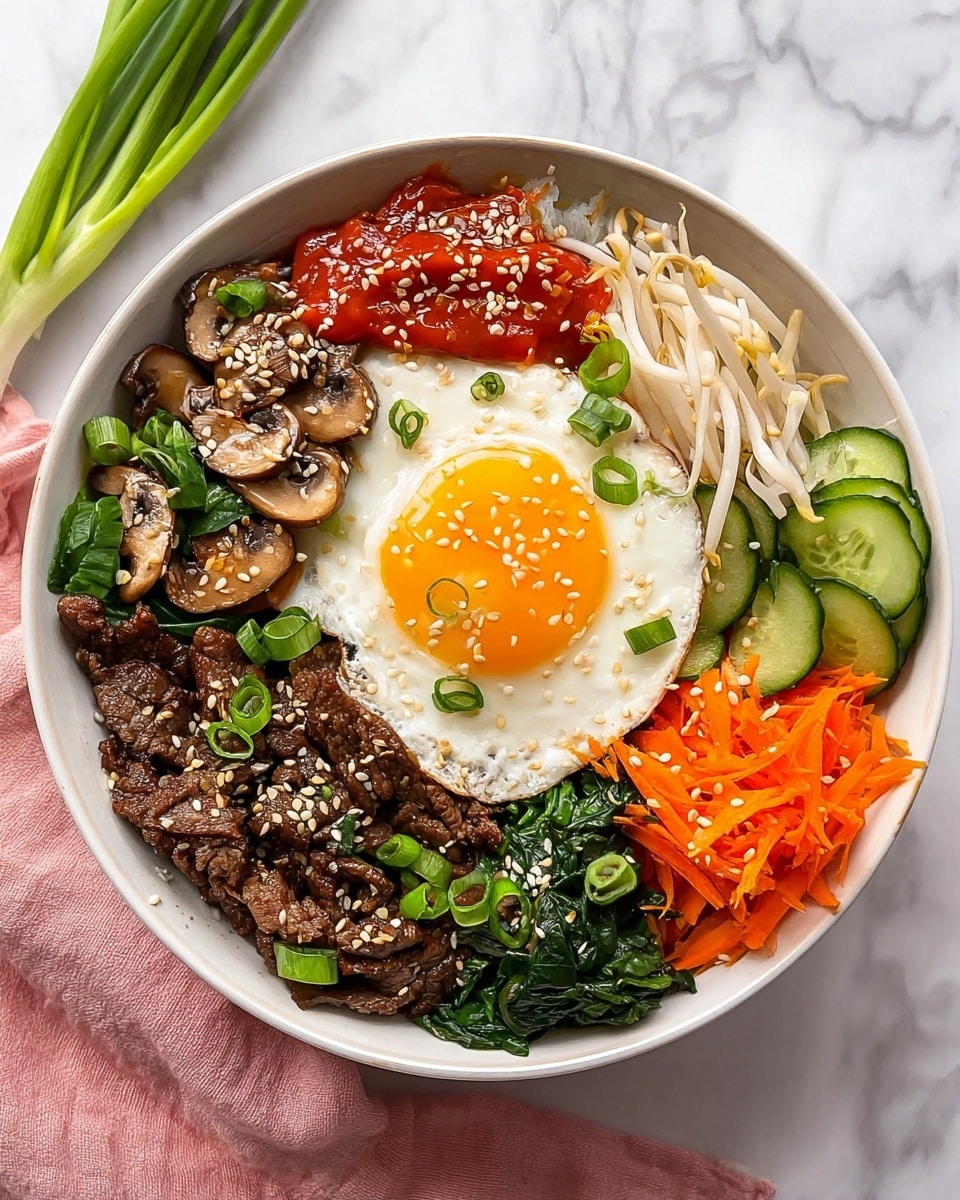 A white bowl holds a colorful layered dish starting with a base of rice hidden under toppings. On top, slices of brown mushrooms are arranged on one side, next to dark green cooked spinach sprinkled with sesame seeds. Bright orange julienned carrots form another layer beside the spinach. Thinly sliced green zucchini rounds sit beside light brown cooked beef pieces garnished with sesame and green onion slices. At the center, a sunny-side-up egg with a bright yellow yolk is placed, partially covered by red chili sauce and white bean sprouts. A gold spoon rests inside the bowl on the right edge. In the background, a small white bowl of red sauce, a dish with green onions, and a small white pot with a green plant accompany the scene on a white marbled surface. photo taken with an iphone --ar 4:5 --v 7