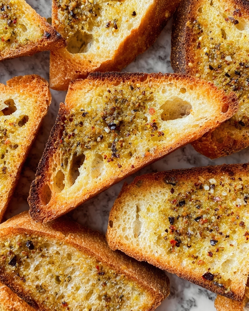 There are two long slices of toasted bread side by side on a white marbled surface. Each slice has a light golden-brown crust with a crispy texture. The tops of the slices are covered with a seasoned spread in pale yellow and greenish hues, with visible small holes and bits of spices like black pepper and herbs evenly sprinkled over the surface. The spread appears slightly melted, filling the bread’s porous texture, giving a rough but creamy look. Photo taken with an iphone --ar 4:5 --v 7