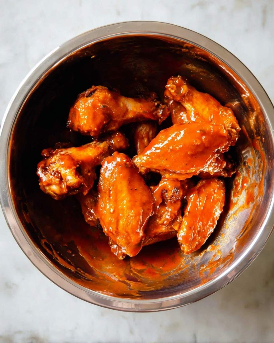 A shiny silver bowl holds several chicken wings fully covered in thick, glossy orange-red sauce. The sauce looks sticky and shiny, coating each piece evenly. The bowl shows sauce marks inside around the edges, and the background is a white marbled surface. photo taken with an iphone --ar 4:5 --v 7
