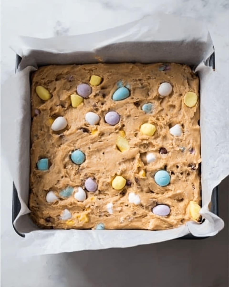 The image shows a square baking pan lined with white parchment paper filled with light brown cookie dough. The dough is uneven and thick, covering the whole pan. Scattered across the dough are colorful candy pieces in pastel shades of yellow, blue, white, and light brown, some whole and some partly broken, adding pops of color and texture. The pan is placed on a white marbled surface that gives a clean and bright look. photo taken with an iphone --ar 4:5 --v 7