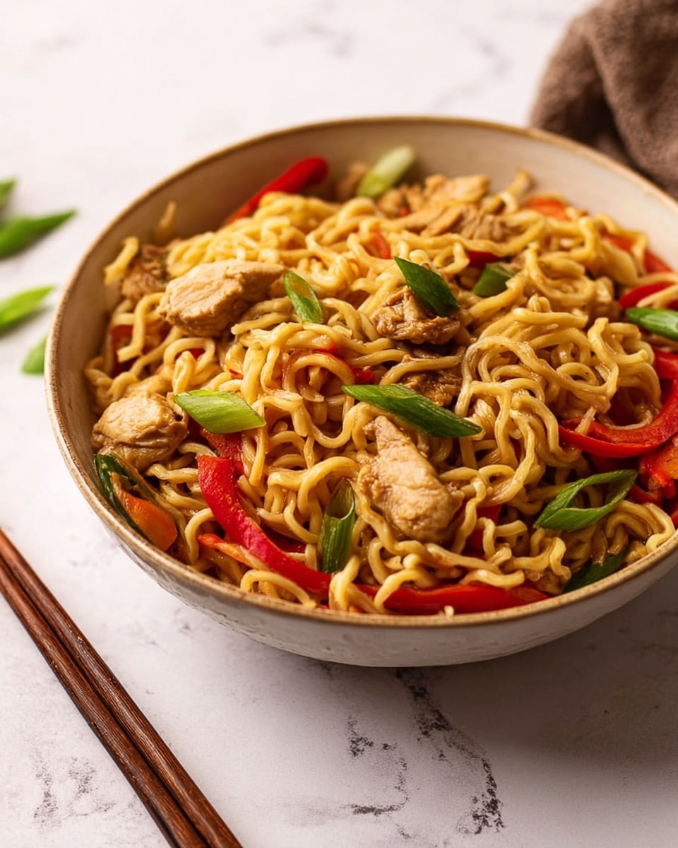 A white bowl filled with a tangle of yellow noodles mixed with pieces of light brown cooked chicken and sliced red bell peppers scattered throughout. Green onion slices are sprinkled on top, adding small bright green accents. The bowl sits on a white marbled surface with a pair of wooden chopsticks resting to the left of the bowl. The noodles look slightly shiny and soft. Photo taken with an iphone --ar 4:5 --v 7