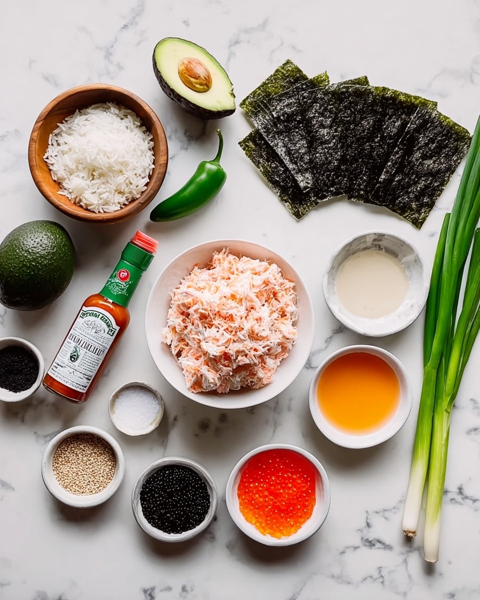 The image shows several ingredients neatly placed on a white marbled surface, arranged in a loose circle. Starting from the bottom left, there is a small wooden bowl filled with white rice, followed by a green jalapeño pepper laying next to a green bottle of hot sauce with a red label. Above that are two whole dark green avocados. In the center, there is a white bowl filled with light pink shredded crab meat. Around the crab meat bowl are small white bowls containing bright orange fish roe, clear liquid, white salt, and a creamy white sauce. To the right side, there are several long green onions while to the top right side, there are five square sheets of dark seaweed stacked. Toward the top left, two small bowls contain black and white sesame seeds, and next to them is a small mound of bright orange masago. The whole setup is bright and clean, with a focus on fresh, colorful ingredients. Photo taken with an iphone --ar 4:5 --v 7