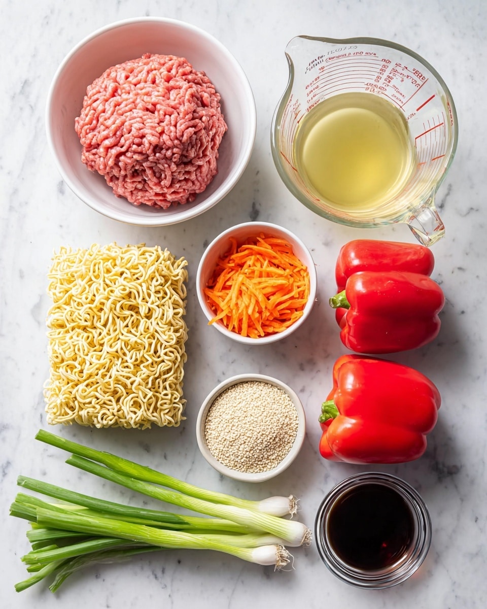 The image shows ingredients arranged neatly on a white marbled surface. There is one white bowl holding a large piece of pink raw ground meat at the top left. Next to it on the right is a clear glass measuring cup filled with a yellowish liquid. Below these, there is one small white ramekin containing a beige powder, a tiny jar with sesame seeds, and a small white bowl with minced pale yellow garlic. Near the garlic, three red bell peppers with green stems are placed. On the left side, there is a block of uncooked yellow instant noodles, three green onions with white ends, and a small pile of shredded orange carrots. In the center near the bottom is a small glass container filled with a dark brown liquid. Photo taken with an iphone --ar 4:5 --v 7
