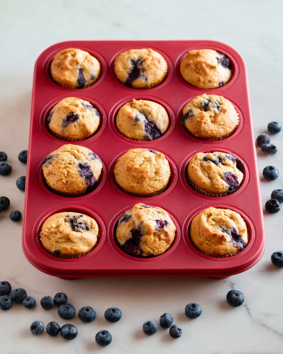 A red silicone muffin tray holds twelve golden-brown blueberry muffins, each with a slightly cracked top showing deep purple-blue blueberry spots inside. The muffins have a soft, uneven textured surface with some areas puffed up higher. Fresh blueberries are scattered on and around the tray, resting on a white marbled surface. The contrast between the muffins' warm color, the dark blueberries, and the red tray makes the scene bright and inviting. Photo taken with an iphone --ar 4:5 --v 7