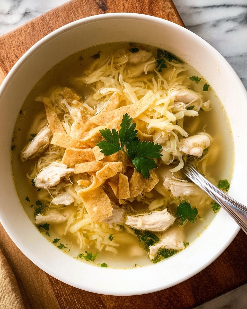 A white bowl filled with clear broth soup containing light beige chicken pieces and pale yellow shredded cheese floating throughout. On top is a small pile of crispy, light brown tortilla strips resting in the center, garnished with two bright green flat parsley leaves. A silver spoon is partially visible, resting inside the bowl to the right. The bowl is placed on a wooden surface with a white marbled texture background around it. Photo taken with an iphone --ar 4:5 --v 7