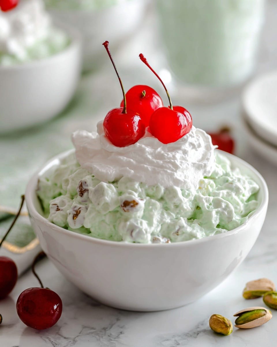 The dish is shown in one white bowl filled with a thick, chunky pale green salad that has a creamy texture and small pieces mixed evenly. On top of this salad is a thick layer of smooth, white whipped cream with a soft and fluffy texture. Sitting on the whipped cream are three shiny, bright red cherries with stems, placed closely together in the center. The bowl is placed on a white marbled surface, and in the background, there are blurred white bowls and glasses that seem to hold more of the pale green salad and cherries. A few scattered pistachios rest on the surface near the bowl. Photo taken with an iphone --ar 4:5 --v 7