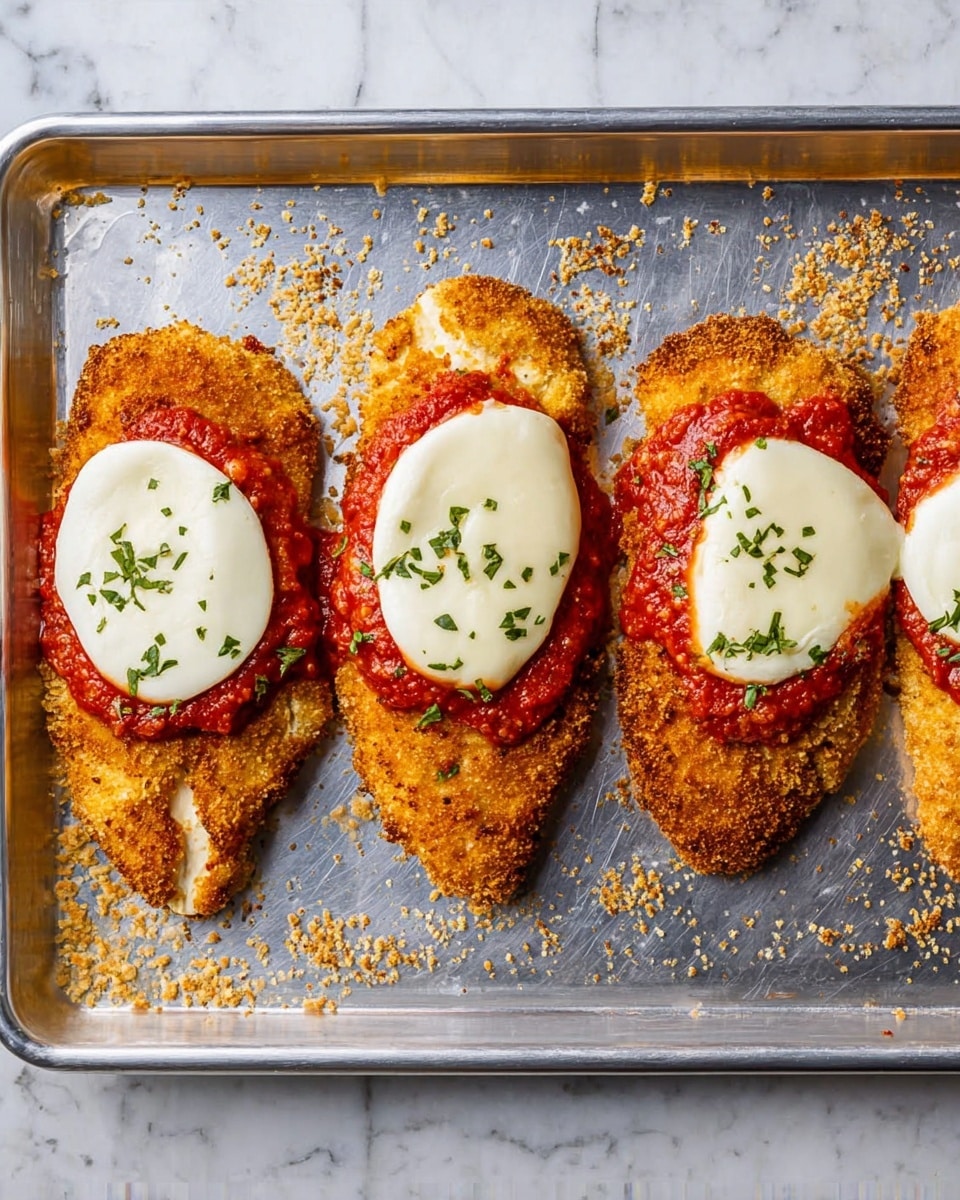 Four pieces of golden breaded chicken are lined up on a silver metal baking tray. Each piece has a layer of thick red tomato sauce in the middle and a smooth, round slice of white mozzarella cheese on top. The breading on the chicken is crispy with small green herbs mixed in, and some breadcrumbs are scattered around the tray. The background shows a white marbled surface. photo taken with an iphone --ar 4:5 --v 7