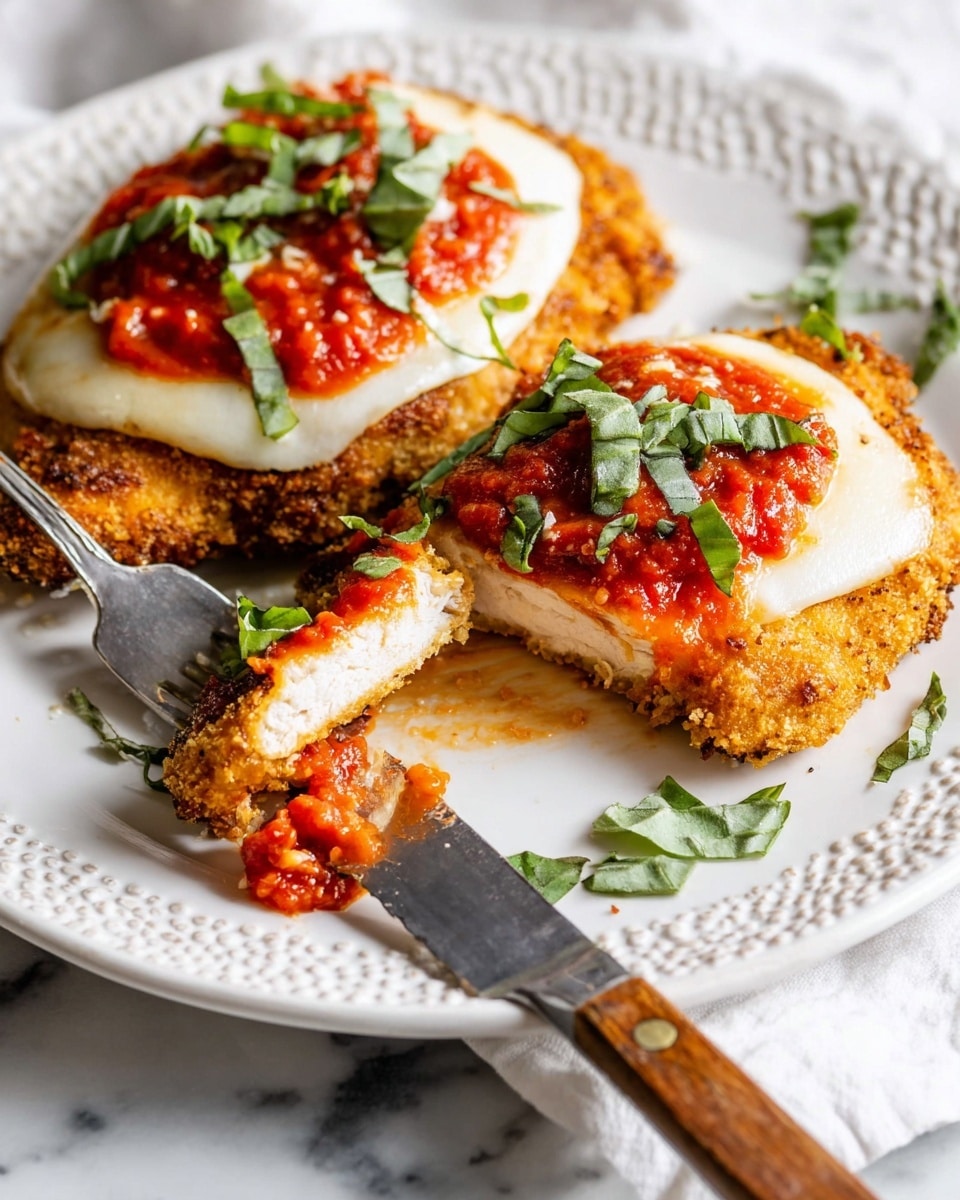 The image shows two breaded chicken pieces on a white plate with a patterned edge, placed on a white marbled surface. Each piece has a golden, crispy texture as the bottom layer, topped with a layer of melted white cheese. On top of the cheese is a spoonful of bright red tomato sauce, garnished with chopped green basil leaves. A silver fork with a wooden-handled knife is on the plate, with a small piece of the chicken on the fork, showing the white inside of the chicken. Photo taken with an iphone --ar 4:5 --v 7
