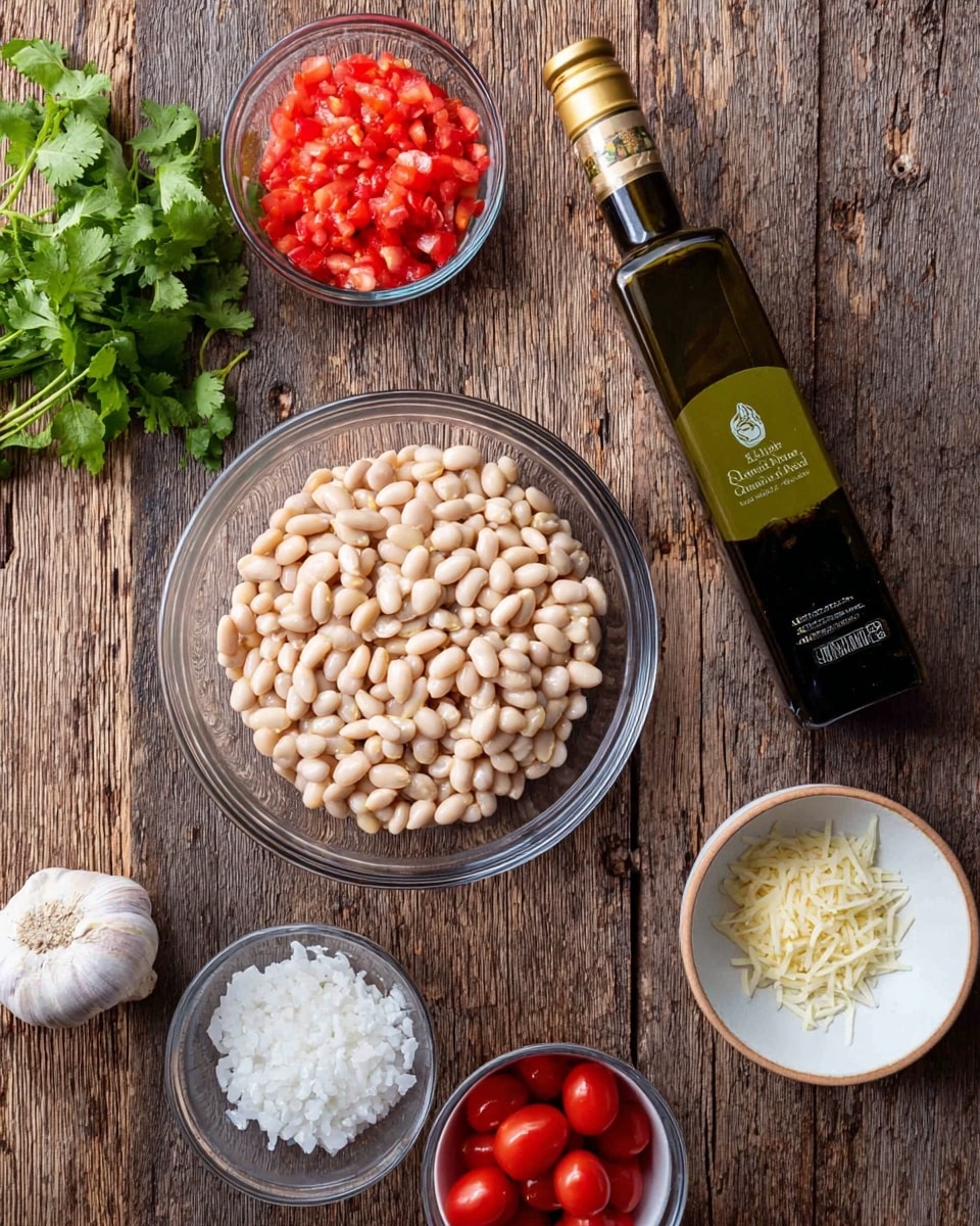 A clear glass bowl filled with light beige beans sits in the center on a rustic wooden surface, surrounded by smaller containers holding chopped red cherry tomatoes and finely minced white onions. To the right, a small white bowl contains thin pale yellow parmesan flakes, next to a dark green bottle of extra virgin olive oil with a gold cap. Fresh green cilantro and a white garlic bulb are placed to the left, all arranged in a slightly scattered but neat way. Photo taken with an iphone --ar 4:5 --v 7