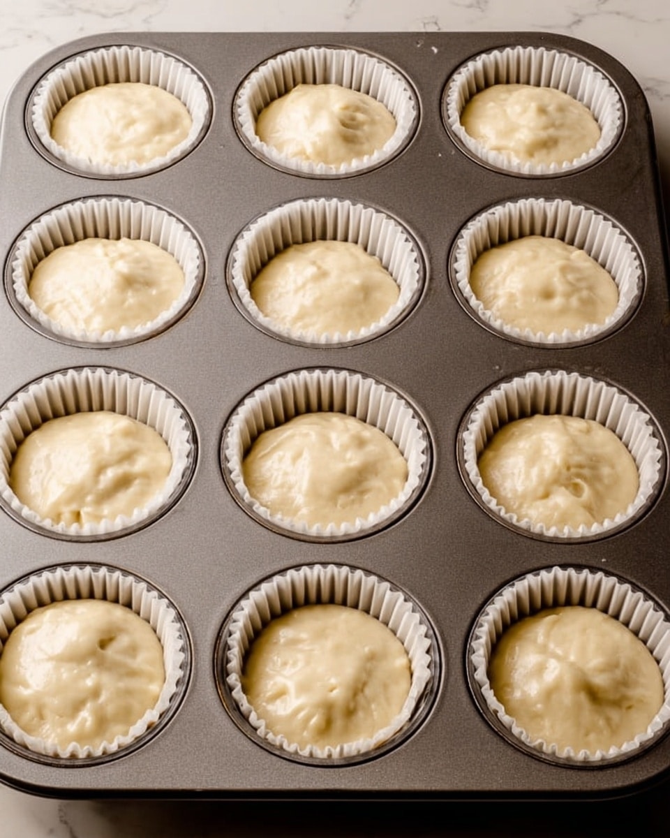 The image shows a metal muffin tray filled with twelve white paper liners, each holding light yellow batter. The batter is smooth with a slightly lumpy texture and fills each liner about three-quarters full. The background surface is a white marbled texture, and the tray sits stable on it. photo taken with an iphone --ar 4:5 --v 7