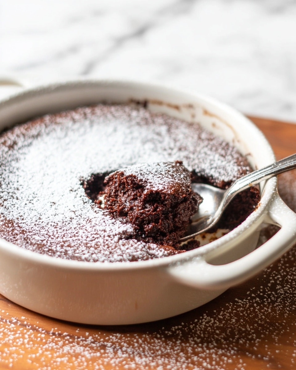 A white oval dish holds a baked chocolate dessert with a dark brown top layer that looks soft and slightly cracked. This top layer is dusted with a light sprinkling of white powdered sugar, covering most of the surface except a round section scooped out, revealing a moist and rich chocolate inside. Two silver spoons rest inside the dish, one standing upright and the other laying flat, both showing some chocolate residue. The dish is placed on a gray cloth over a white marbled surface. Photo taken with an iphone --ar 4:5 --v 7