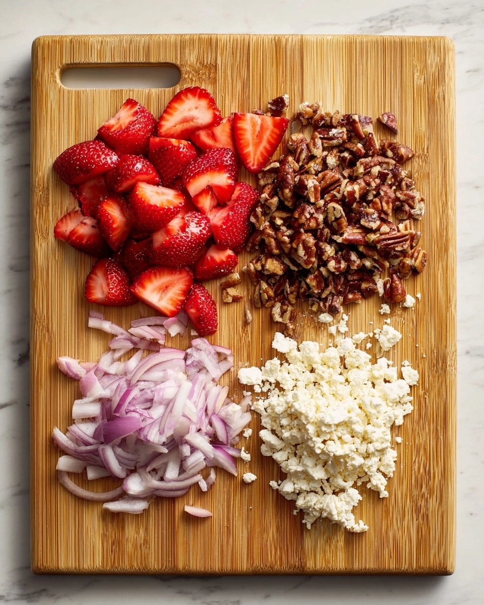 A light brown wooden cutting board with four separate piles of ingredients neatly arranged, each occupying a quadrant; the top left pile consists of bright red strawberry slices showing juicy texture and seeds, the top right pile has small, irregular pieces of dark brown pecans with a rough texture, the bottom right pile contains a mound of crumbly white feta cheese, and the bottom left pile shows thin, pale purple onion slices with a slight translucency. The board sits on a white marbled surface photo taken with an iphone --ar 4:5 --v 7