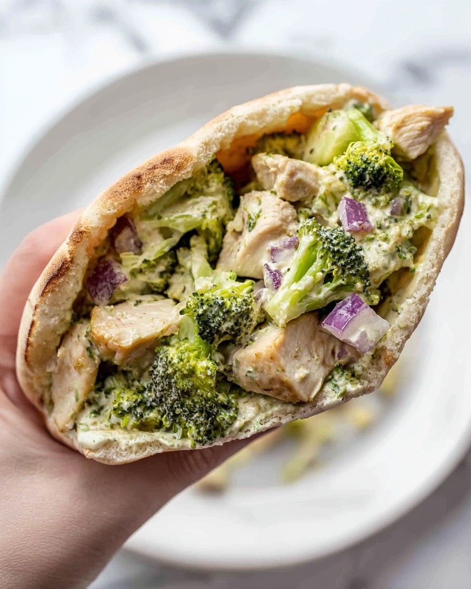 A close-up view of a pita sandwich held by a woman's hand, filled generously with chunks of cooked chicken, bright green broccoli florets, and small pieces of purple onion, all mixed together in a creamy sauce. The pita bread is slightly toasted and soft, surrounding the filling snugly. In the background, a white plate sits on a white marbled surface, slightly blurred to keep focus on the sandwich. photo taken with an iphone --ar 4:5 --v 7