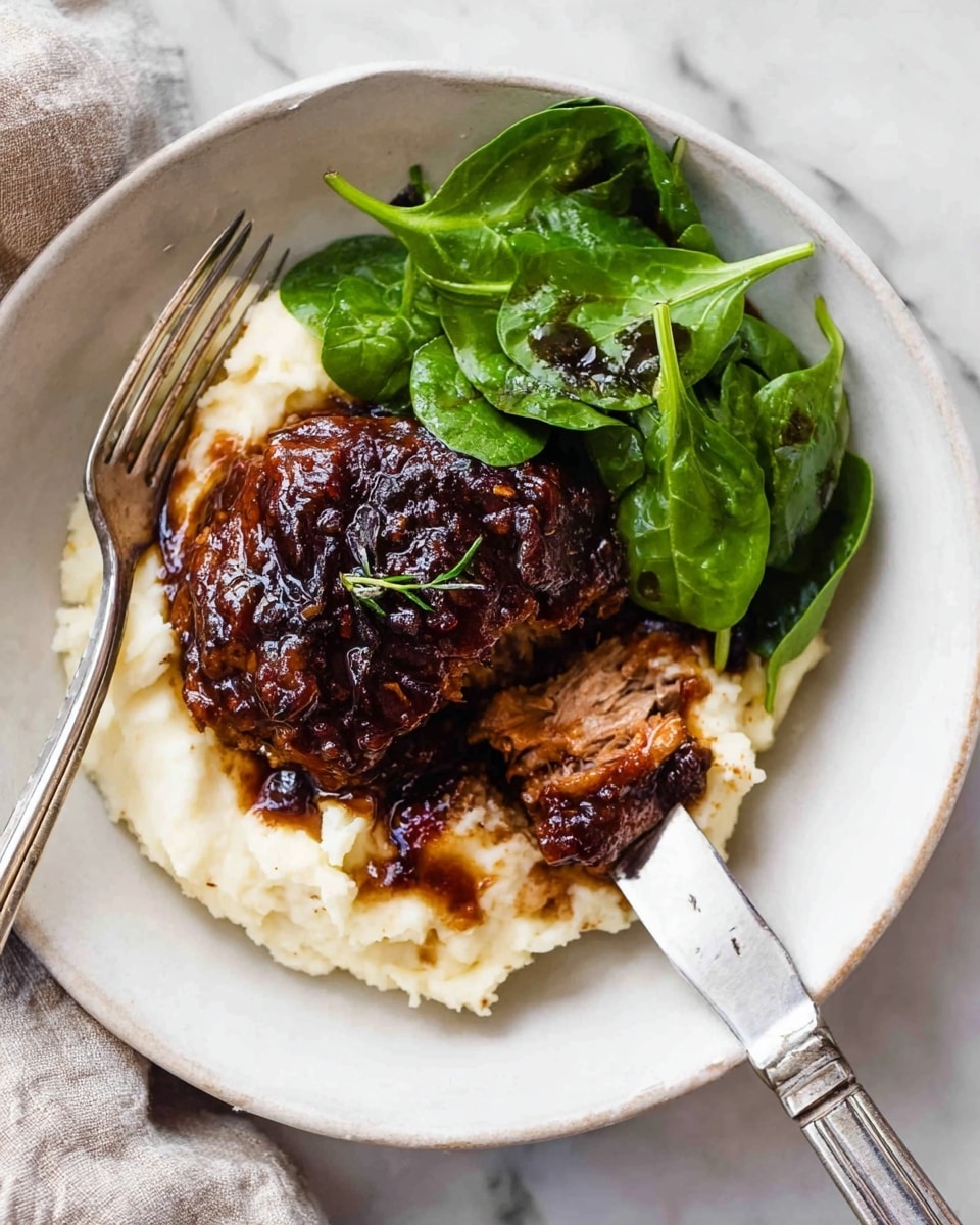 A white round plate with a bed of creamy mashed potatoes forming the bottom layer, topped with a thick, dark brown glazed piece of meat in the center. On one side, there is a small pile of fresh, green spinach leaves slightly overlapping the meat. A silver fork with some mashed potatoes is placed on the left side and a silver knife cutting through the meat is on the right side. The plate rests on a white marbled surface. photo taken with an iphone --ar 4:5 --v 7