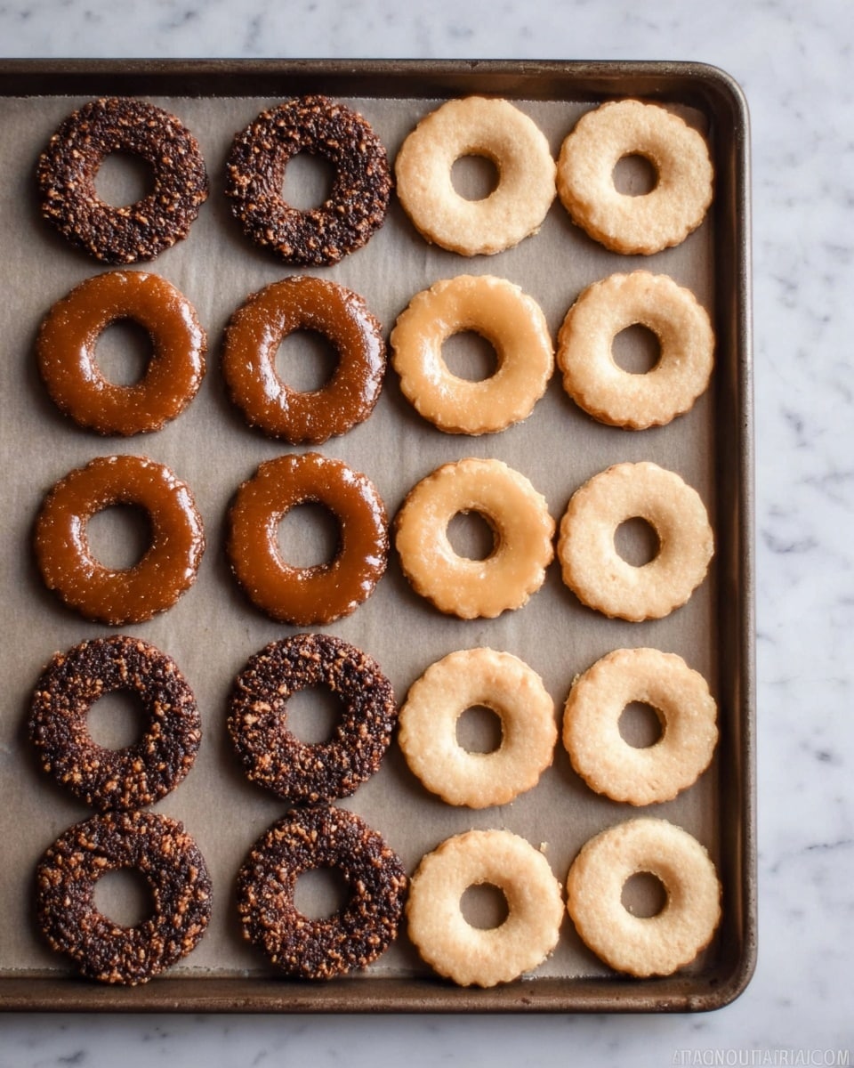 The image shows a baking tray on a white marbled surface filled with three rows of round cookies with holes in the center. The left two columns have dark brown cookies with a rough, crunchy texture, and one of these cookies has a shiny caramel glaze. The right column has smooth, light-colored plain cookies without any topping. The cookies are arranged neatly in straight lines, showing contrast between the dark, textured cookies and the light, smooth ones. Photo taken with an iphone --ar 4:5 --v 7