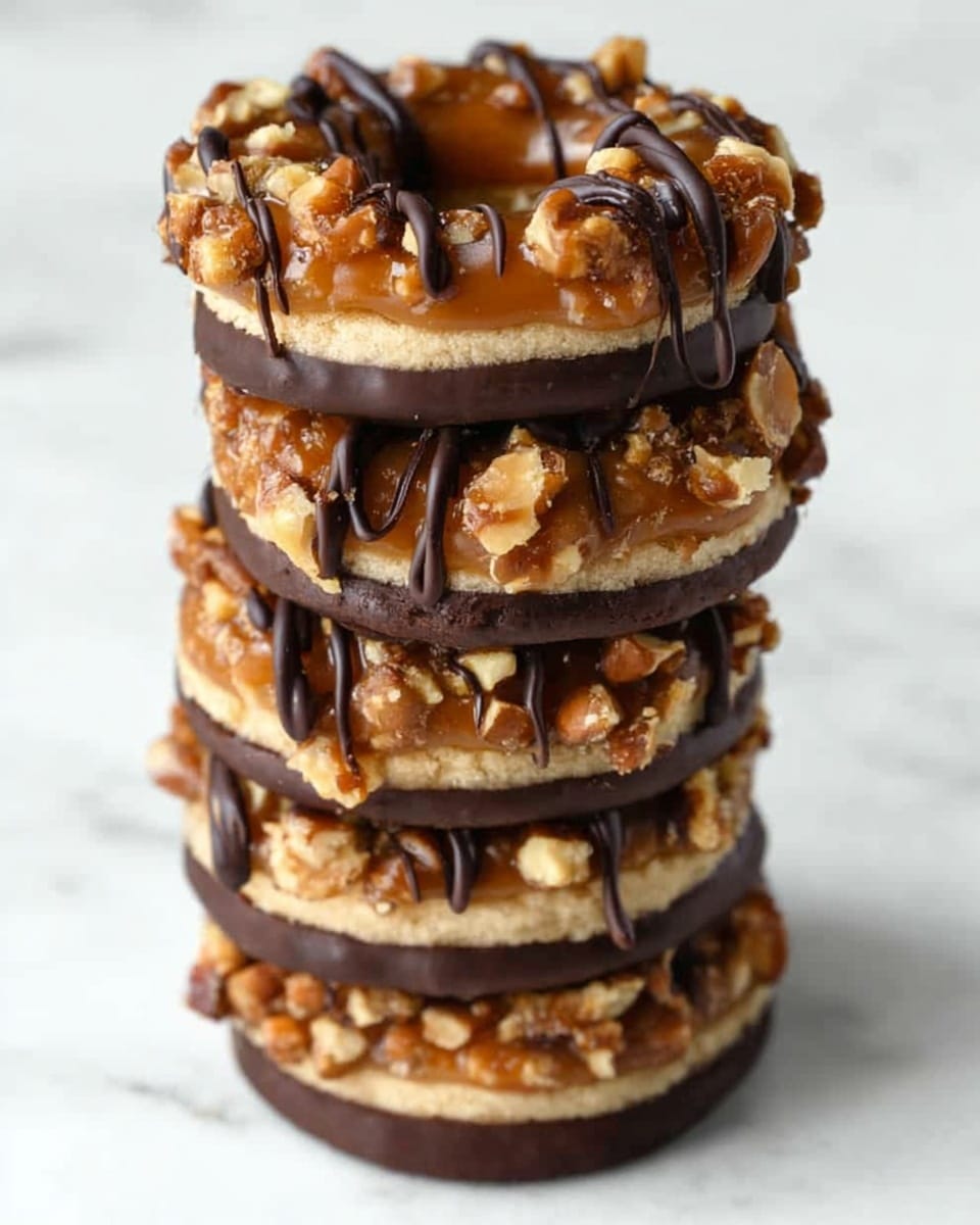 The image shows several round cookies on a white marbled surface. Each cookie has a bottom layer covered in dark brown chocolate, topped with a thick layer of golden caramel mixed with small beige nut pieces. The caramel and nut layer looks sticky and textured, unevenly covering the top of each cookie. Thin dark brown chocolate drizzles run vertically across the caramel layer, adding contrast. The cookies are arranged with some space between them, and there are small chocolate drops scattered on the surface around them. photo taken with an iphone --ar 4:5 --v 7