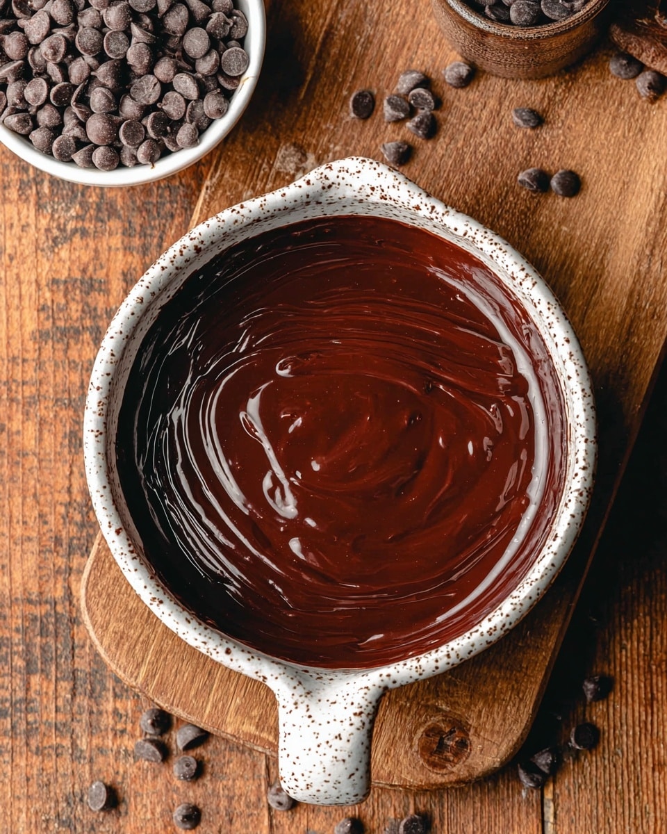 A single layer of dark, glossy chocolate sauce with a smooth and shiny texture swirled in a white speckled bowl with a handle, placed on a wooden surface; around the bowl, scattered chocolate chips and a small white bowl filled with chocolate chips can be seen. Photo taken with an iphone --ar 4:5 --v 7
