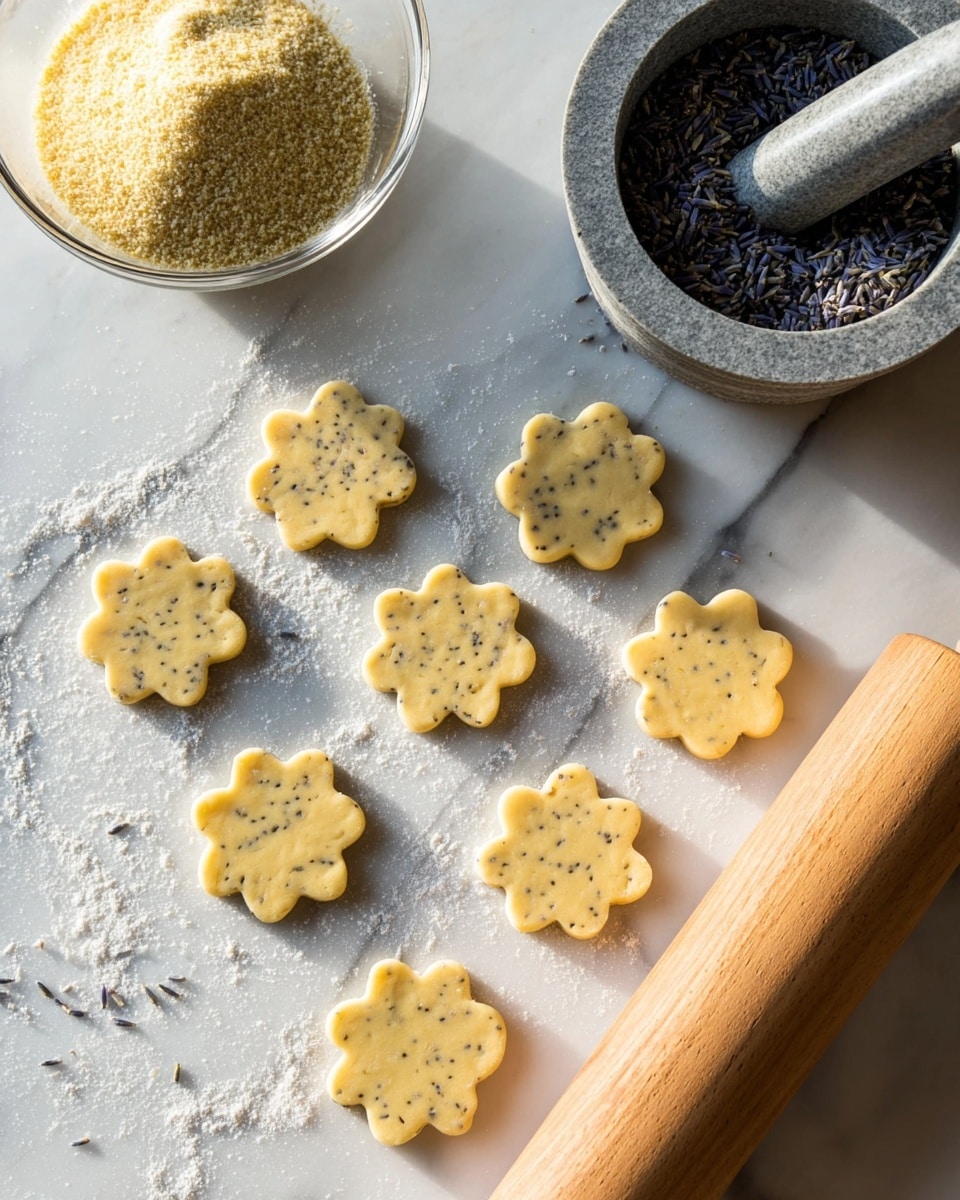 On a white marbled surface, there are eleven flower-shaped cookie dough pieces with small dark specks inside, spread out evenly. In the top left, a clear glass bowl filled with a light yellow powder sits beside a grey stone mortar and pestle holding some dried seeds. To the right bottom corner, a wooden rolling pin rests, partially visible. The dough pieces show a smooth texture with slightly raised edges, and a light dusting of flour is scattered across the marble. photo taken with an iphone --ar 4:5 --v 7