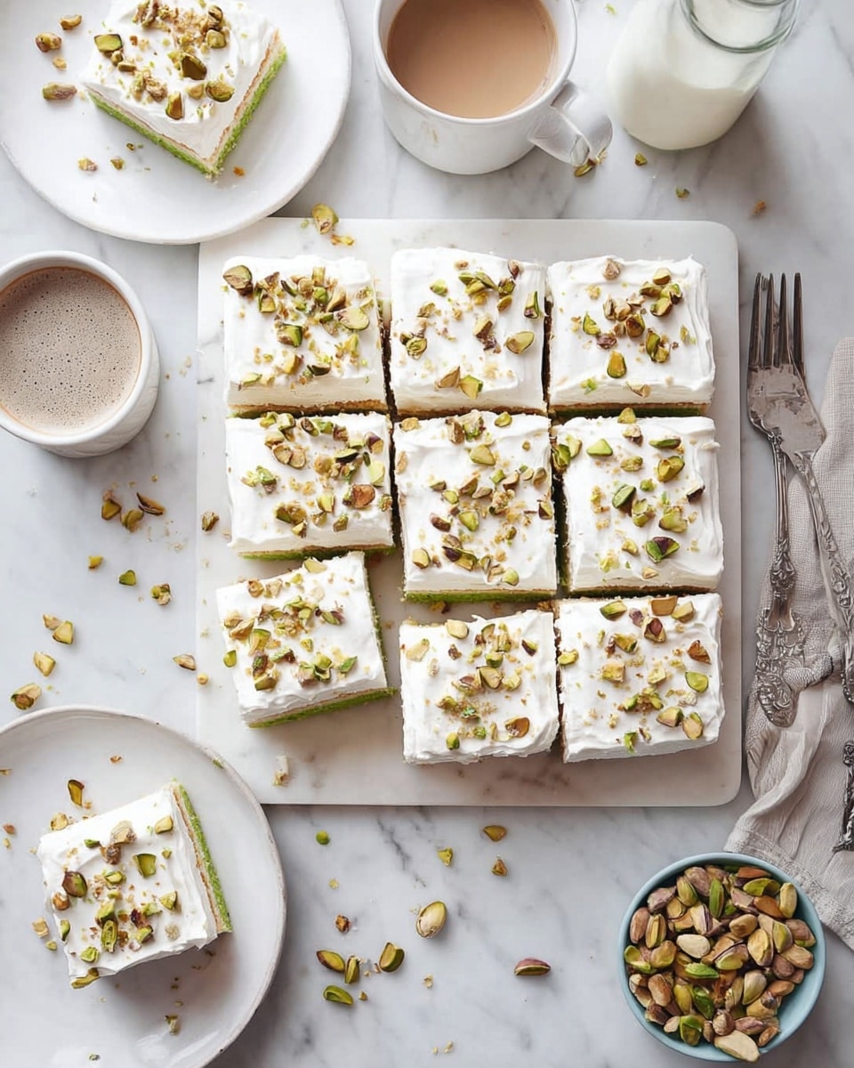 A white marble surface holds a white board with twelve square pieces of a layered dessert topped with smooth white frosting and sprinkled with chopped green and brown pistachios. Each dessert piece shows a thin light green middle layer under the white frosting. Two white plates, each with one piece, sit on the marble surface, showing the green layer inside. Scattered pistachios are spread around, along with a white cup of light brown coffee and a glass bottle with milk. Three forks lie together near the top right side. A small white bowl holds whole pistachios. photo taken with an iphone --ar 4:5 --v 7