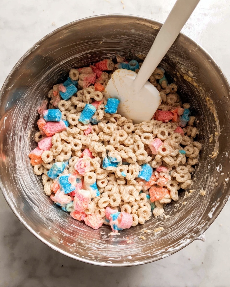 Inside a metal pot, there is a mix of small, light beige cereal pieces shaped like loops combined with small colorful marshmallows in shades of blue, pink, red, and orange. The cereal and marshmallows are slightly sticky, clumping together in an uneven pile near the center of the pot. A white spatula with some cereal residue rests inside the pot, partially under the mixture. The inside walls of the pot show some streaks of the sticky mixture. The whole scene is set against a white marbled background photo taken with an iphone --ar 4:5 --v 7