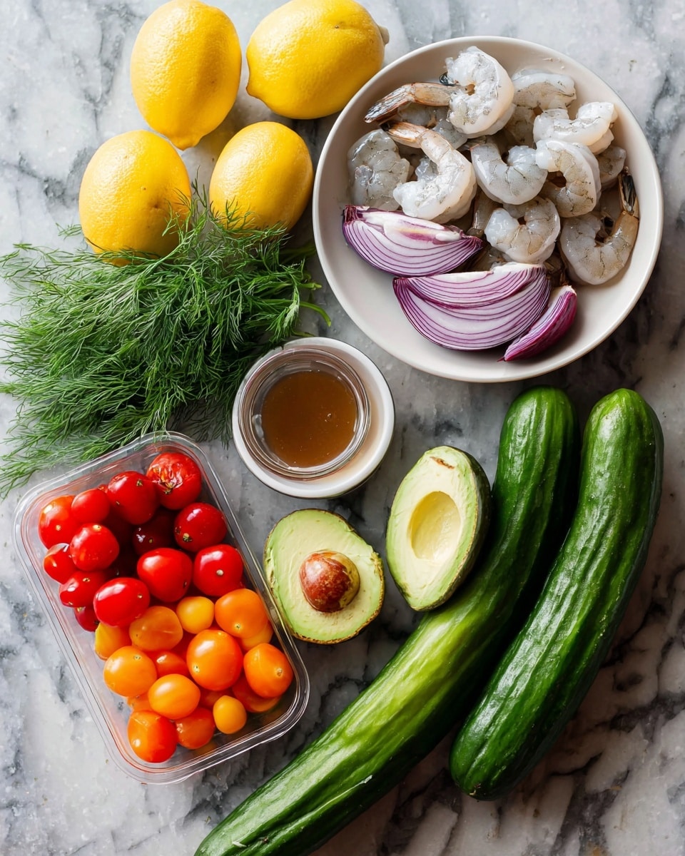 The image shows fresh ingredients arranged on a white marbled texture. On the top right, a white bowl holds peeled raw shrimp with a light gray and white color. Below it are two halves of a purple-red onion with white center layers. To the right side, there are two long, shiny green cucumbers placed parallel to each other. On the bottom left, a clear plastic container holds three sections of small tomatoes in dark red, bright orange, and medium red colors. Next to it are two halved avocados, showing creamy light green flesh with brown seeds and dark green skin. On the top left corner, two whole yellow lemons and a bunch of fresh green dill herbs are visible. In the middle, between the shrimp bowl and avocados, there is a small round bowl with light brown dressing or sauce. photo taken with an iphone --ar 4:5 --v 7
