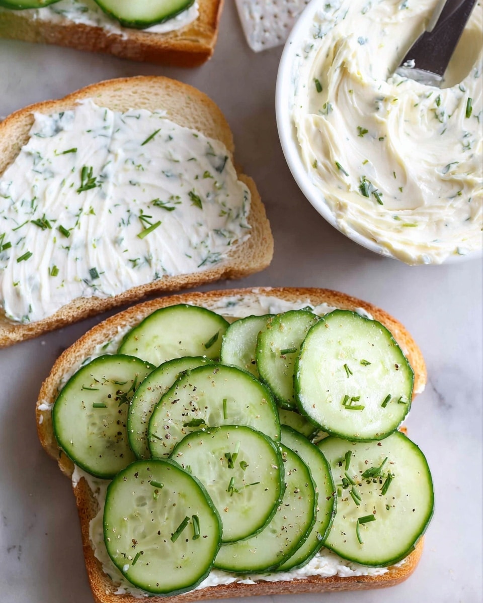 The image shows an open sandwich with three layers visible: the first layer is a white slice of bread with a creamy spread that has small green herbs mixed in, covering the top surface evenly; the second layer is thin, round slices of fresh cucumber arranged closely side by side, creating a green circle pattern with light and dark shades; the third layer is sprinkled with small pieces of chopped herbs and black pepper on top of the cucumber slices. On the side, there is another slice of bread with the same creamy spread and a white bowl filled with more creamy spread, and a knife resting inside the bowl. The background surface is a white marbled texture. photo taken with an iphone --ar 4:5 --v 7