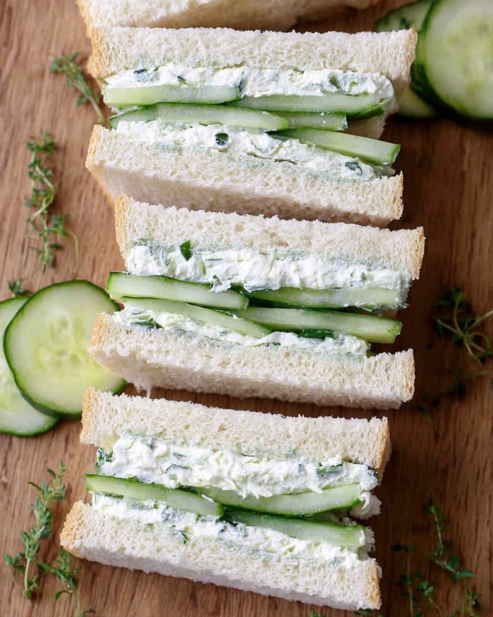The image shows four white sandwich halves arranged on a wooden surface, each sandwich having two layers of soft white bread with a pale green creamy spread and thin cucumber slices inside. The spread looks smooth and is mixed with small green herbs, giving a fresh look. The cucumber slices are laid flat and are slightly overlapping. Around the sandwiches, a few cucumber slices and scattered herbs add a touch of color. photo taken with an iphone --ar 4:5 --v 7