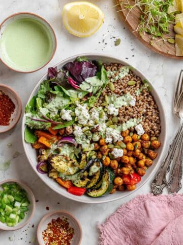 Roasted Vegetables and Chickpeas with Green Goddess Tahini Recipe