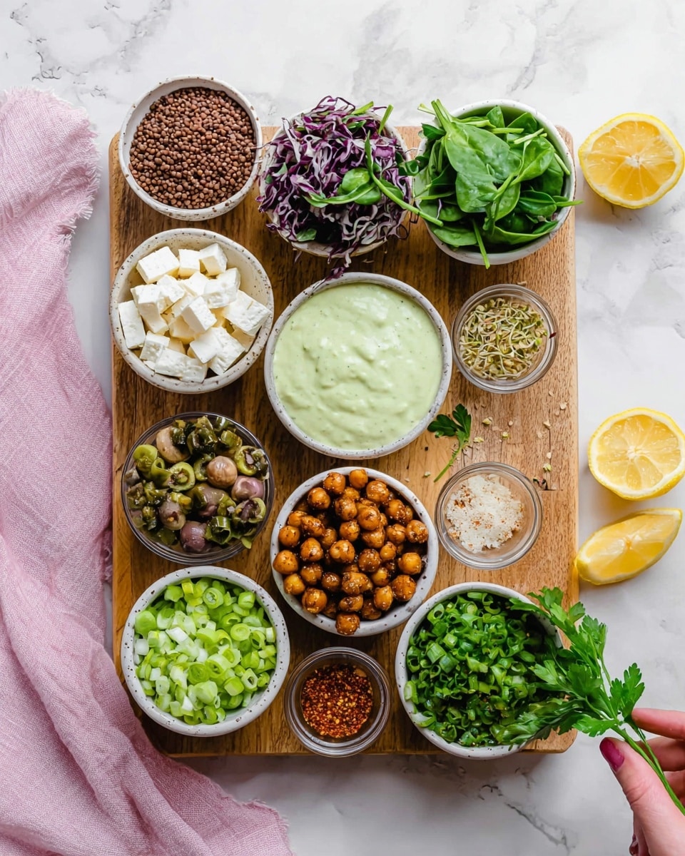 A wooden board sits on a white marbled surface, holding nine small white bowls arranged neatly in two columns. The top row features a bowl of dark brown grains, a bowl of green leafy spinach and purple lettuce mix spilling slightly over the edges, a bowl of white cheese cubes, and a bowl of light green creamy sauce in the center. Below these are a bowl of roasted brown chickpeas, chopped green onions, green sprouts, a mix of green and brown roasted beans, and a small bowl of fine red seasoning powder. Two lemon halves with a bright yellow color rest on the board, one near the middle and one near the bottom right. A woman's hand holding a piece of fresh parsley peeks slightly from the top right corner, and a soft pink cloth lines part of the bottom left side. photo taken with an iphone --ar 4:5 --v 7