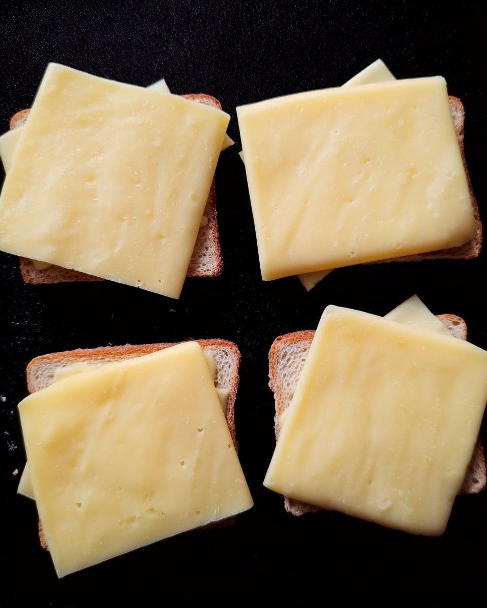 The image shows four slices of light yellow cheese placed on top of what looks like pieces of light brown bread arranged on a black surface. Each cheese slice is square and covers the bread underneath, slightly overlapping the edges. The cheese texture is smooth and flat, with small holes and slight unevenness on the surface. The bread underneath looks rough with a crusty edge, mostly hidden by the cheese. The overall colors are pale yellow for the cheese, light brown for the bread, and black for the background. photo taken with an iphone --ar 4:5 --v 7