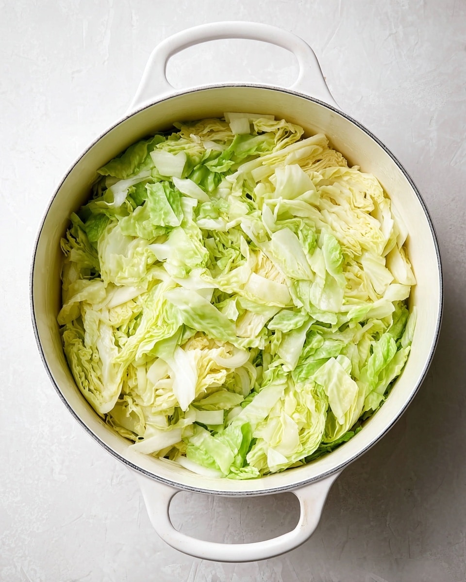 Sautéed Cabbage (Easy & Healthy) Recipe 4 A white pot with two handles is filled with roughly chopped light green and pale yellow cabbage layers covering the entire inside. The cabbage leaves look fresh with some curly and soft textures, resting on top of what seems to be thinly sliced onions at the bottom, visible peeking through the cabbage towards the edges. The pot sits on a white marbled surface, adding a clean and bright background to the image photo taken with an iphone --ar 4:5 --v 7